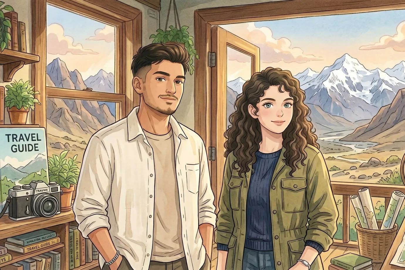 Seema and Siddharth, the founders of Tripsiana, in their travel studio with the Himalayas through the window